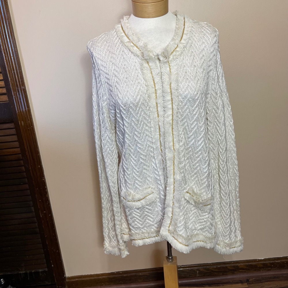 Chicos Ivory Metallic Chevron Knit Fringe Gold‎ Chain Open Cardigan Jacket 3 XL